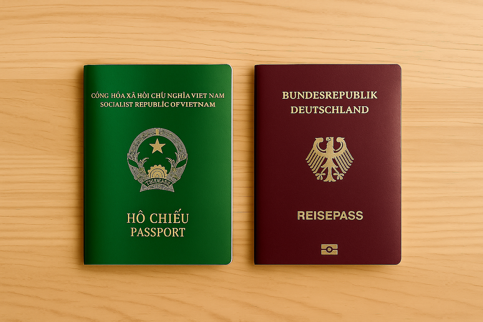 Zwei Pässe nebeneinander symbolisieren die Möglichkeit der doppelten Staatsbürgerschaft in Vietnam.