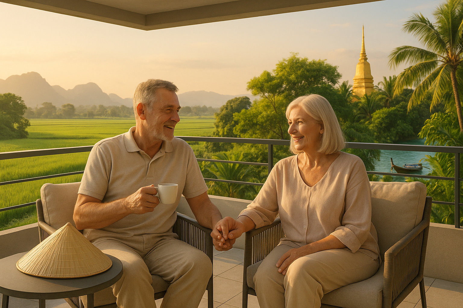 Glückliches Rentnerpaar auf einem Balkon mit Blick auf eine harmonische Landschaft, die vietnamesische Reisfelder und thailändische Tempel sowie Meer vereint, symbolisiert den Ruhestand in Südostasien.